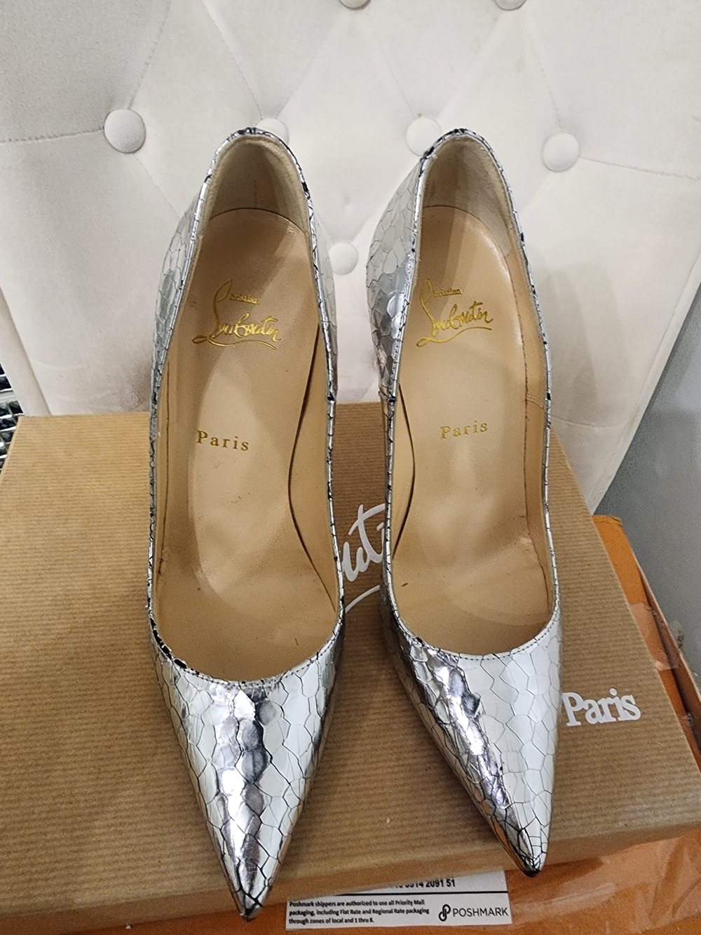 Christian Louboutin Metallic Silver Snakeskin Pointed-Toe Pumps